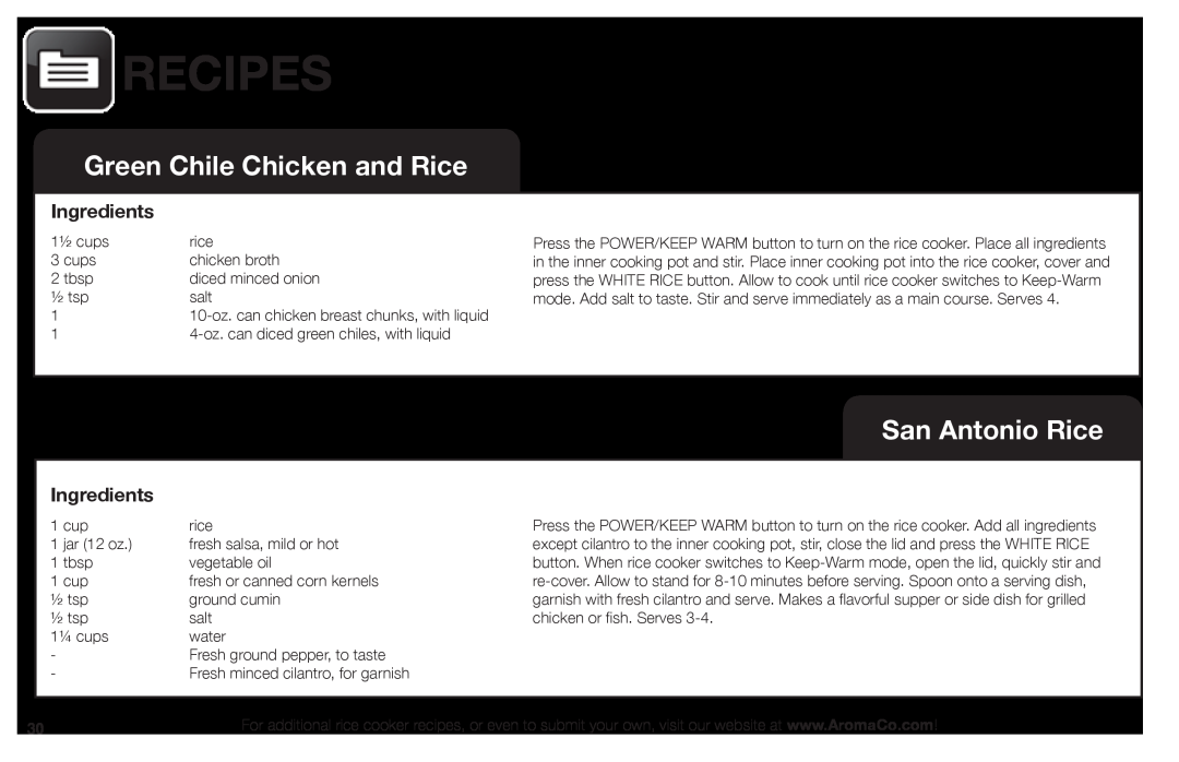 Aroma ARC-1030SB instruction manual Green Chile Chicken and Rice, San Antonio Rice, Recipes, Ingredients 